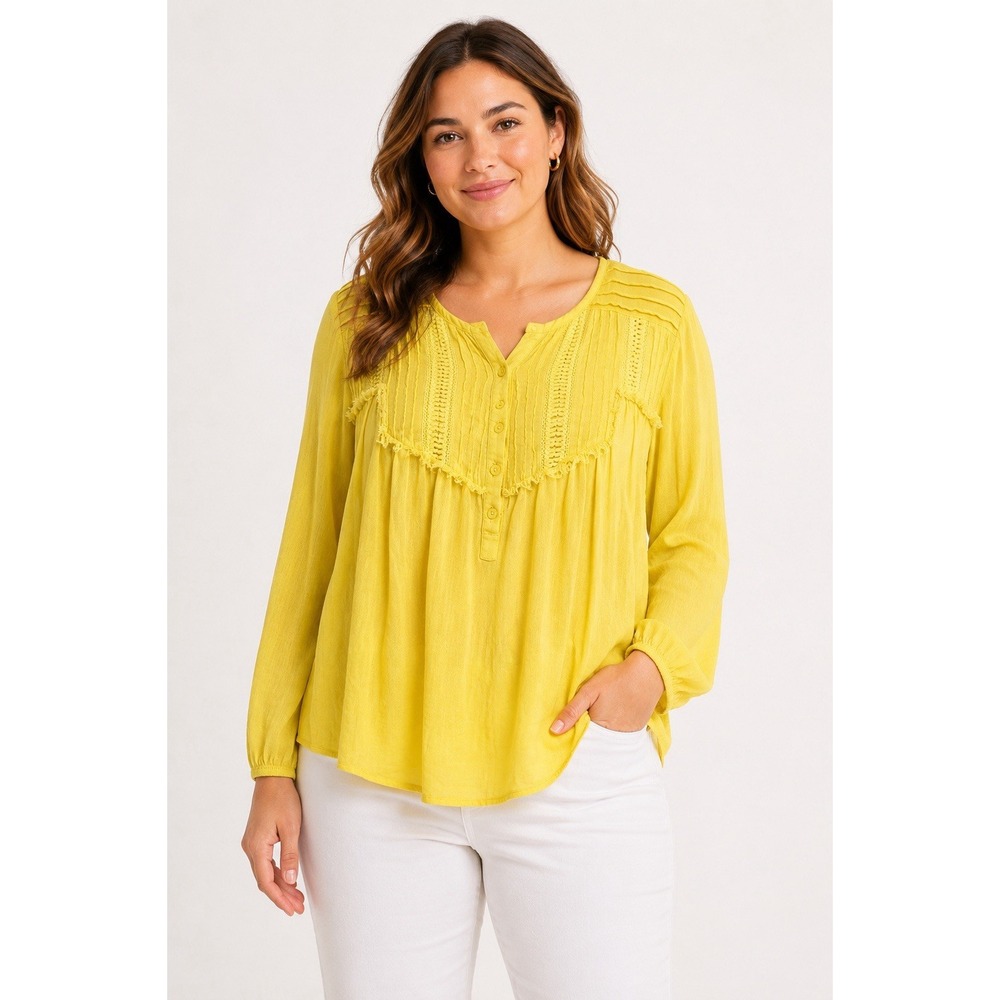Crown & Ivy Yellow Boho Peasant Blouse Women's L Crochet Fringe Tunic‎ Top